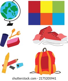  set of school accessories, globe, shoes, bag, lunch box, pencil and crayon