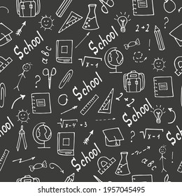 A set of school accessories. Hand-drawn seamless pattern of study supplies. White elements on a black background