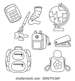 Set of school accessories for kid including calculator, paintbrush, watercolor tube, pencil sharpener, water bottle, school bag, globe model and stapler vector illustration cartoon isolated.  