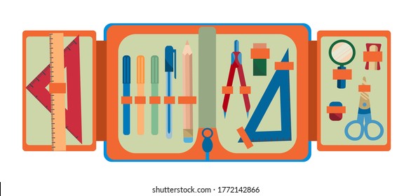 Set of school accessories in pencil box. Back to school. Stylish orange pencil case with drawing and writing tools is isolated on a white background. Vector illustration in flat style.