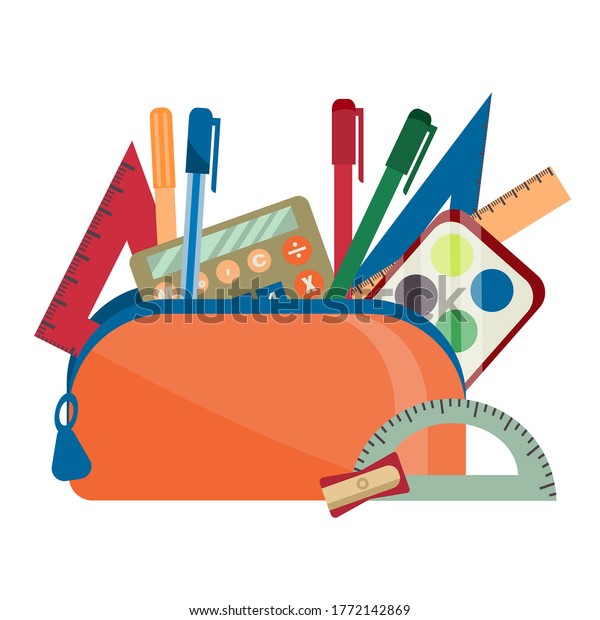 Set of school accessories in pencil box. Orange\
pencil case with tools for drawing and writing, a set of paints and\
a calculator is isolated on a white background. Vector illustration\
in flat style.