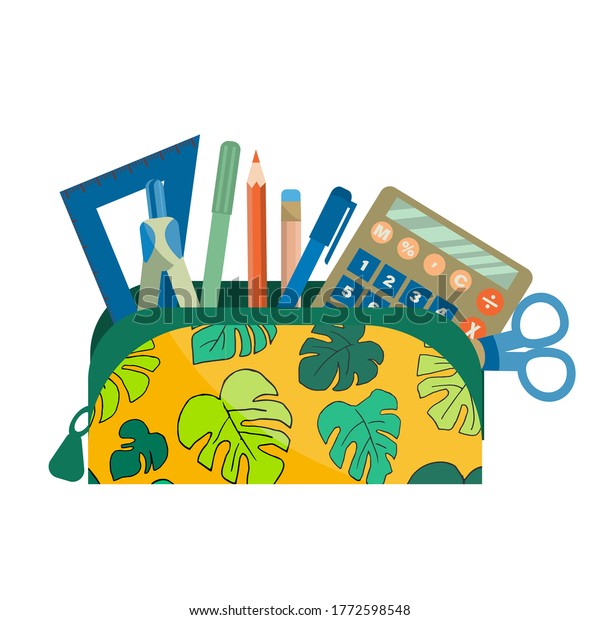 Set of\
school accessories in pencil box. School pencil case with pens,\
pencils, rulers, scissors and a calculator is isolated on a white\
background. Vector illustration in cartoon style.\
