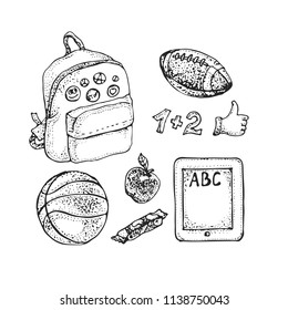 Set of school accessories and supplies isolated on white. School bag, sports balls, apple, chocolate, tablet. Vector doodle illustration.  Back to school design elements.