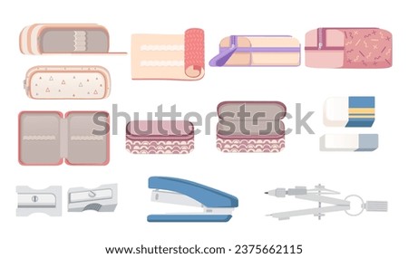 Set of school accessory pencil cases eraser,sharpener, compass, stapler vector illustration isolated on white background