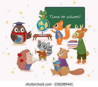 Set of School animal characters. Education and study. Deer, raccoon, fox, hedgehog and beaver with books, globe and school supplies. Owl teacher with pointer. Cartoon flat vector illustration