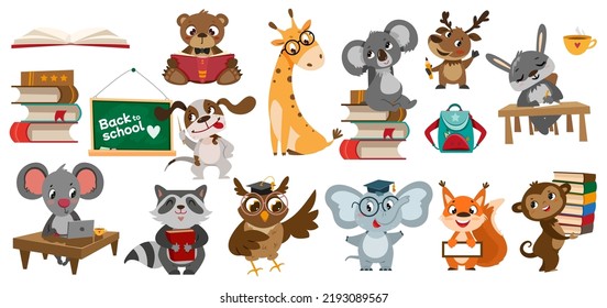 Set of school animals. Cute cartoon pupil characters writing, studying and reading books. Teacher dog with pointer at blackboard, koala at laptop. Back to school. Collection for preschool children