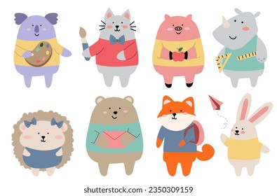 Set of school animals in the flat cartoon design. A charming and playful illustration set featuring adorable animals with a school things. Vector illustration.