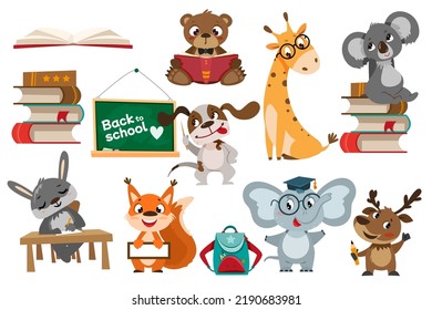 Conjunto de animales escolares. Graciosos personajes de caricatura escribiendo, estudiando, leyendo libros. Maestra de perro en la pizarra y elefante en la gorra de graduación. Ilustración vectorial en estilo de dibujos animados para niños