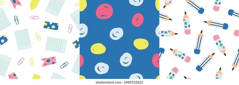 Set of school background. Back to school seamless pattern, school supplies background. Vector illustration in flat, simple style. Template for notebook covers, pattern for wallpapers, textile