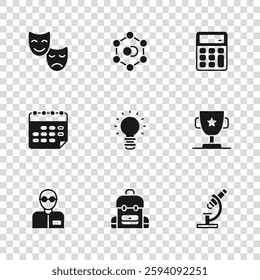 Set School backpack, Award cup, Microscope, Creative lamp light idea, Calculator, Comedy and tragedy masks, Molecule and timetable icon. Vector