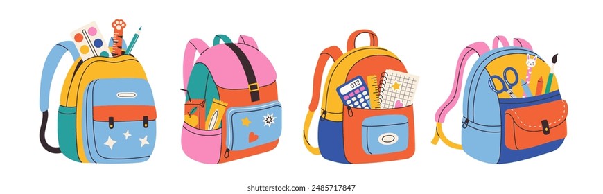 Set of school backpack and school bag. Children bags with stationary, pencils, copybook, paint, rulers, pen. Hand drawn vector flat illustration.