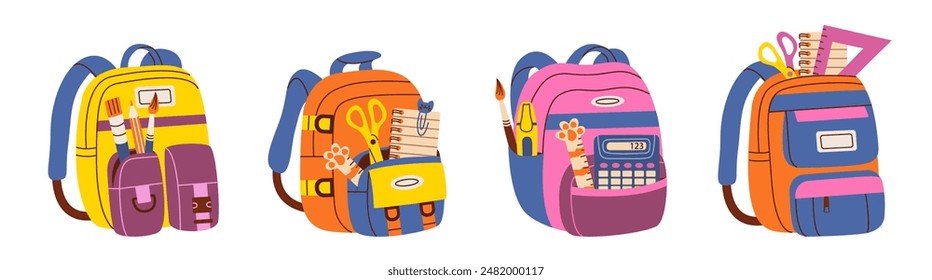 Set of school backpack and school bag. Colorful children bags with stationary, rulers, pens. Hand drawn vector illustration. Modern flat cartoon style.