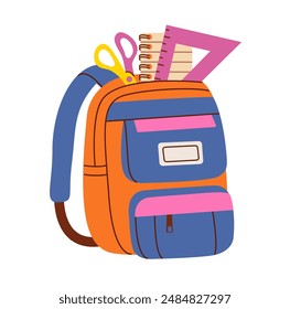 Set of school backpack and school bag. Colorful children bags with stationary, ruler, scissors, notepad. Hand drawn vector illustration. Modern flat cartoon style.