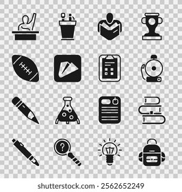 Set School backpack, Book, Ringing alarm bell, Man reading book, Paper airplane, American football ball, Male kid raising hand and Exam sheet with check mark icon. Vector