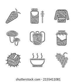 Set School backpack, Bowl of hot soup, Grape fruit, Jam jar, Chestnut, Mushroom, Sweater and Carrot icon. Vector