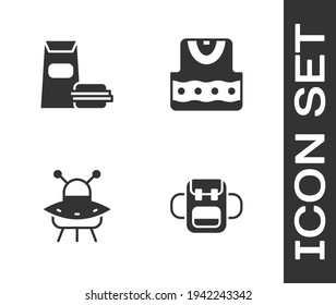 Set School backpack, Burger, UFO flying spaceship and Waistcoat icon. Vector