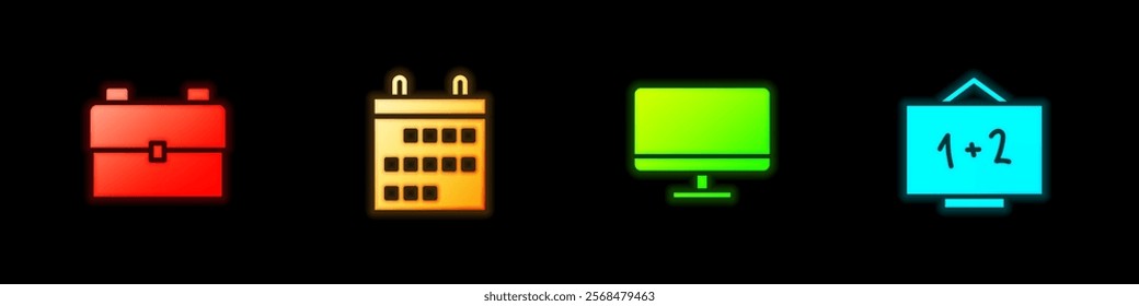 Set School backpack, Calendar, Computer monitor screen and Chalkboard icon. Vector