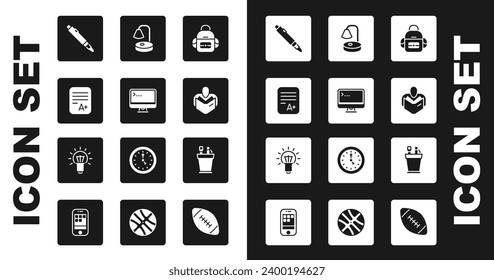 Set School backpack, Computer monitor, Exam sheet with A plus grade, Marker pen, Man reading book, Table lamp, Pencil case stationery and Light bulb icon. Vector
