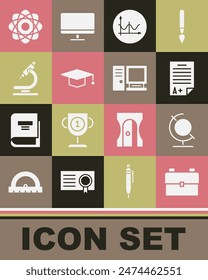 Set School backpack, Earth globe, Exam sheet with A plus grade, Graph, schedule, chart, diagram, Graduation cap, Microscope, Atom and Computer monitor icon. Vector