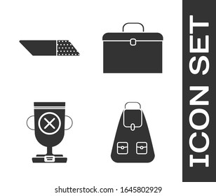 Set School backpack, Eraser or rubber, Award cup and Briefcase icon. Vector