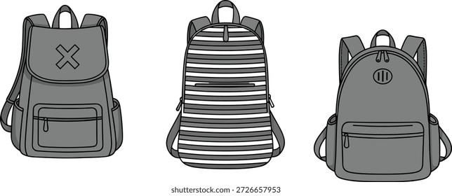 Set von Schulrucksack-Symbolen, Reisetaschen-Silhouetten, Schüler-Rucksack-Symbolen und Outdoor-Rucksack-Ausrüstung, Vektorgrafiken für Bildung.