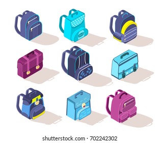 Set of school backpack isometric icons. Bag knapsack haversack different color.