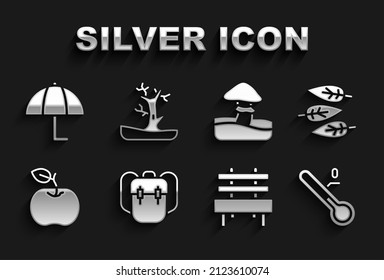 Set School backpack, Leaf or leaves, Meteorology thermometer, Bench, Apple, Mushroom, Umbrella and Bare tree icon. Vector