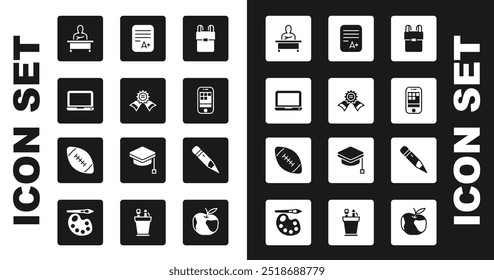 Set School backpack, Medal, Laptop, Schoolboy sitting at desk, Smartphone, Exam sheet with A plus grade, Pencil eraser and American football ball icon. Vector