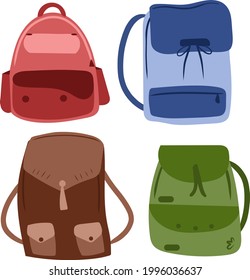 Set of School backpack on white background. Back to school bag. Tourist backpacks of various shapes. Cartoon style. Vector illustration in flat style.