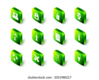 Poner mochila escolar, pintura, aguijón, tinte, balaclava, bolígrafo de marcadores, cepillo, cuaderno de espiral, cortador de tornillos e icono. Vector
