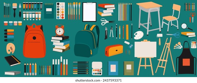 set for school, backpack, pencil case and stationery in flat style, vector