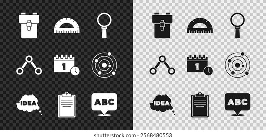 Set School backpack, Protractor, Magnifying glass, Idea, speech bubble, Clipboard with checklist, Alphabet, Molecule and Calendar first september date icon. Vector