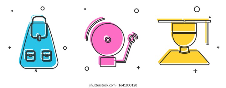 Set School backpack, Ringing alarm bell and Graduate and graduation cap icon. Vector