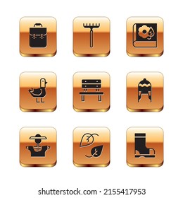 Set School backpack, Scarecrow, Leaf, Bench, Dove, Herbarium, Waterproof rubber boot and Garden rake icon. Vector
