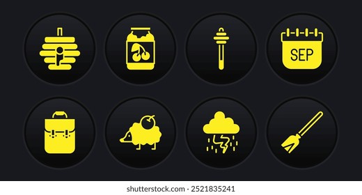Set School backpack, September calendar autumn, Hedgehog, Storm, Honey dipper stick, Jam jar, Handle broom and Hive for bees icon. Vector