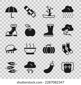 Set School backpack, Socks, Kite, Bare tree, Apple, Waterproof rubber boot, Umbrella and  icon. Vector