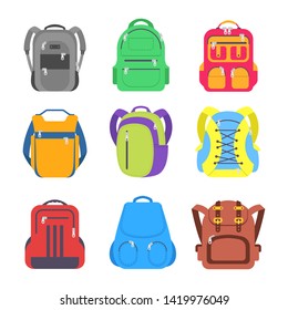 Set school backpack, sport and travel bag different shape flat icon isolated on white background