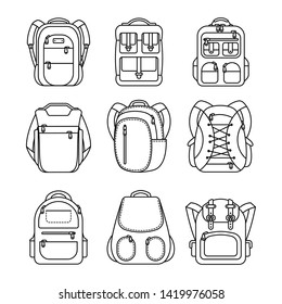 Set school backpack, sport and travel bag line icon isolated on white background