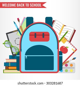 Set of school backpack with school supplies, education objects for your design. Vector illustration.