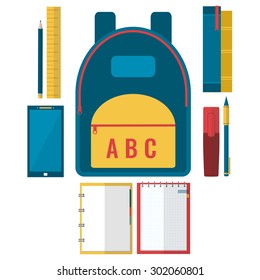 Set of school backpack with school supplies. Flat design style vector illustration.