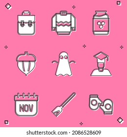 Set School backpack, Sweater, Jar of honey, Acorn, Ghost, Graduate and graduation cap, November calendar autumn and Handle broom icon. Vector