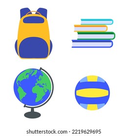 Mochila escolar, libros de texto, globo, pelota. Cursos escolares de estudio y recreación.