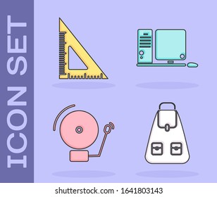 Set School backpack, Triangular ruler, Ringing alarm bell and Computer monitor with keyboard and mouse icon. Vector