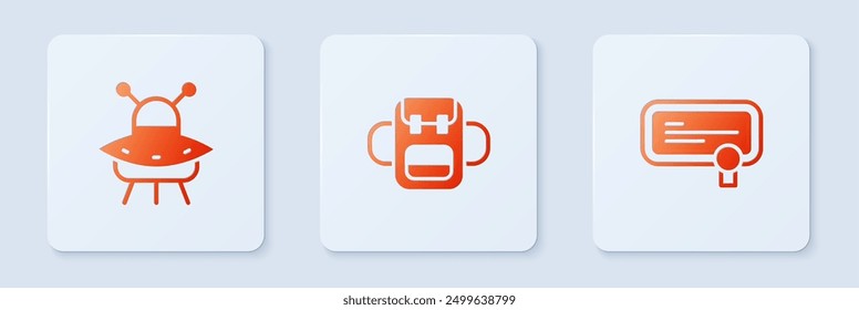 Set School backpack, UFO flying spaceship and Certificate template. White square button. Vector