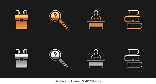 Set School backpack, Unknown search, Schoolboy sitting at desk and Book icon. Vector