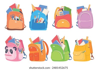 Conjunto de mochilas escolares. Maletines infantiles para llevar material escolar. Ilustración vectorial