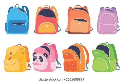 Conjunto de mochilas escolares. Maletines para niños para llevar útiles escolares. Ilustración vectorial