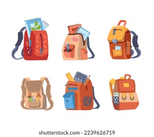 Set of school backpacks for children, cartoon flat vector illustration isolated on white background. Schoolbags full with books, notebooks, calculator, pen and ruler. Education concept.