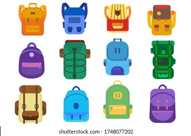 Set of school backpacks in different colors. Collection bags and backpacks, handbags and rucksacks vector flat icons. School and student bags with pockets, zippers and straps. Vector illustration.