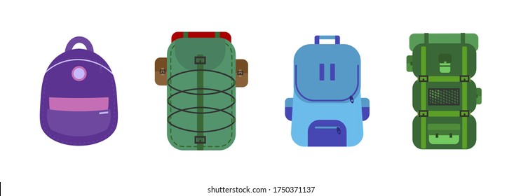 Set of school backpacks in different colors. Collection bags and backpacks, handbags and rucksacks vector flat icons. School and student bags with pockets, zippers and straps. Vector illustration.